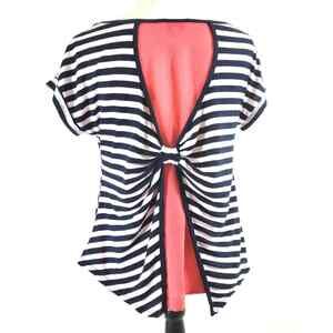 Womens Small Nautical Stripe Top Blue White Blouse Tie‎ Sheer Red Back